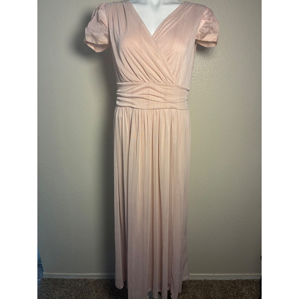 Alexa B Pink Metallic Shimmer V-Neck Maxi Dress Short Sleeve Formal Gown Size 10